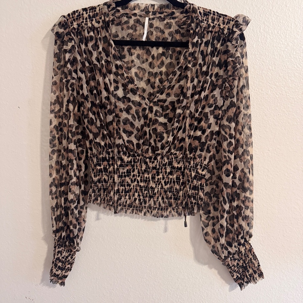 Free People Sheer Leopard-Print V-Neck Blouse in Tan and Black, Size Small